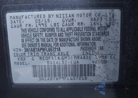 2015 Nissan Sentra Fe+ S/S/Sl/Sr/Sv из США, поврежденный, VIN 3N1AB7AP9FL657218